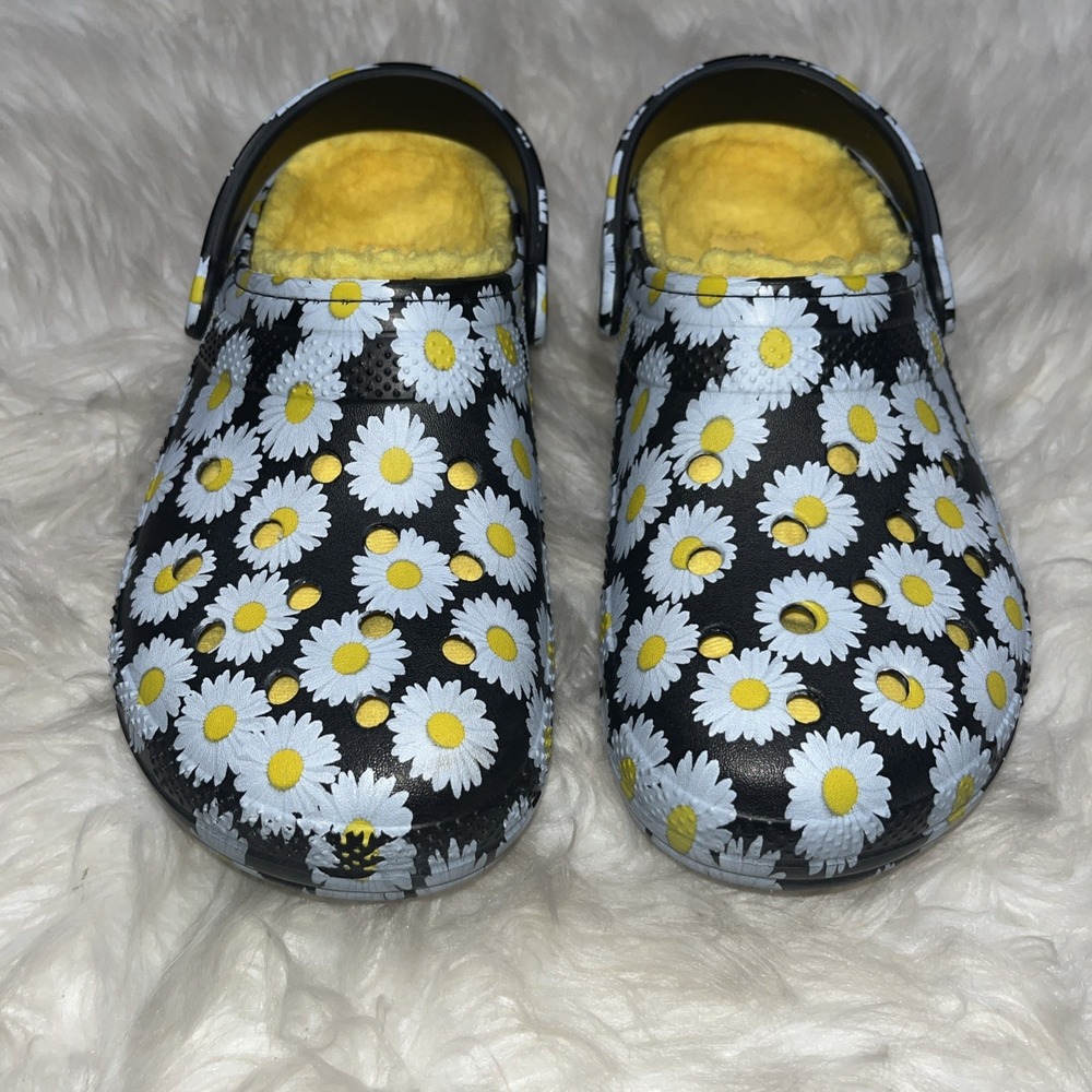 Crocs Classic Clog Shoes Women's 9 Black White Yellow Floral Print Lined Slip On - Picture 3 of 12
